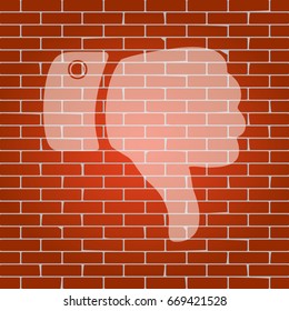 Hand sign illustration. Vector. Whitish icon on brick wall as background.