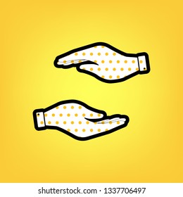 Hand sign illustration. Vector. Yellow polka dot white icon with black contour at warm yellow background.