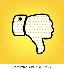 Hand sign illustration. Vector. Yellow polka dot white icon with black contour at warm yellow background.