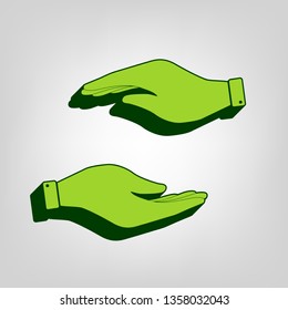 Hand sign illustration. Vector. Yellow green solid icon with dark green external body at light colored background.