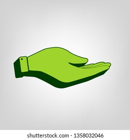 Hand sign illustration. Vector. Yellow green solid icon with dark green external body at light colored background.