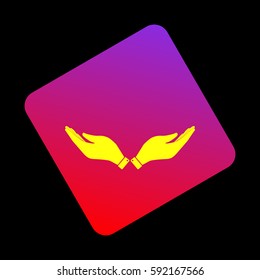 Hand sign illustration. Vector. Yellow icon at violet-red gradient square with rounded corners rotated for dynamics on black background.