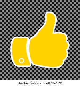 Hand sign illustration. Vector. Yellow icon with white contour on dark transparent background.