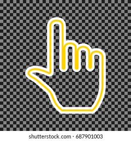 Hand sign illustration. Vector. Yellow icon with white contour on dark transparent background.