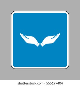 Hand sign illustration. White icon on blue sign as background.