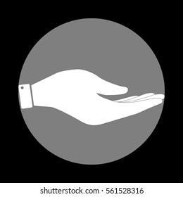 Hand sign illustration. White icon in gray circle at black background. Circumscribed circle. Circumcircle.