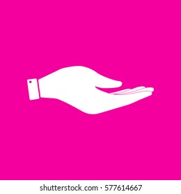 Hand sign illustration. White icon at magenta background.