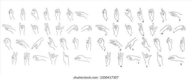 Hand sign language alphabet collection - vector line illustration