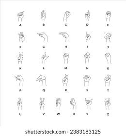 Hand sign language alphabet collection - vector line illustration