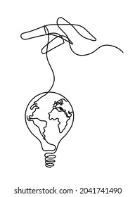 Hand with sign of light bulb with globe as line drawing on the white background. Vector