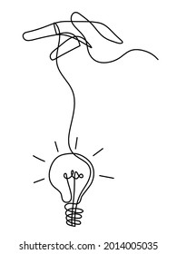 Hand with sign of light bulb as line drawing on the white background. Vector