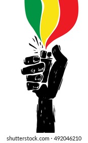 Hand sign with lighter, grunge template for your slogan, text or announcement. Reggae festival poster. Music background.