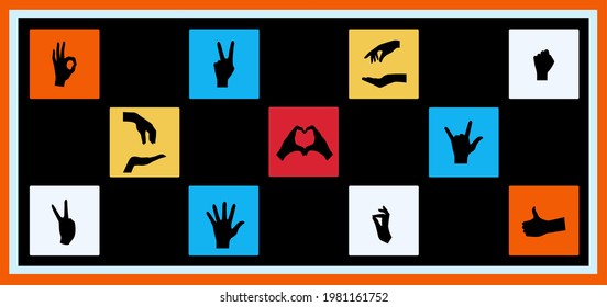 Hand sign line icons. A gesturing isolated package of signs. The concept of sign language. Character elements of vector illustrations for web design. The background is a multicolored chessboard.