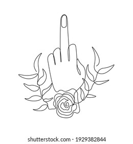 Hand Sign Middle Finger Swear. Negative Gesture woman hand with Middle Finger Up. Shut up sign  with one continuous line Vector Illustration.