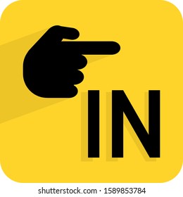 In hand sign. Pointed finger with palm. Input. Entrance. Directions road arrow. Flat 3D shadow design. yellow background black vector. product brand service label banner board display. App icon.