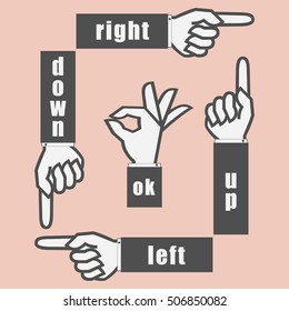 Hand sign with pointing finger and gesture OK. Information and navigation sign. hand direction pointer. Vector Illustration.