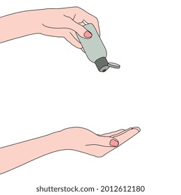 señal de mano de verter algo con botella en la mano, ilustración vectorial de las manos con botella puede ser usada como sanitizador, aceite de pelo, aceite de masaje, hidratante o como quieras.
