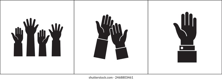 Hand sign. Raised hands icon. Raise hand symbols. Symbol or logo of peoples, community, organization, democracy, donation, charity. Vector stock graphic design in flat style isolated on white.