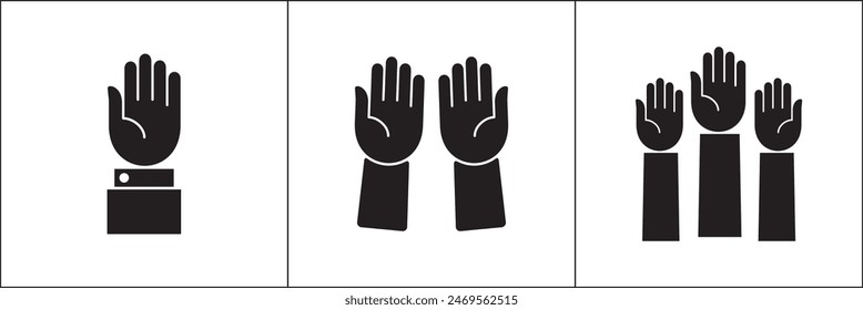 Hand sign. Raised hands icon. Raise hand symbols. Symbol or logo of peoples, community, organization, democracy, donation, charity. Vector stock graphic design in flat style isolated on white.