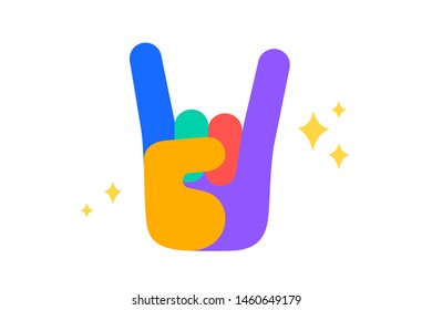 Hand sign rock. Fun Sticker. Colorful fun sticker - hand up sign Rock with stars. Design cartoon stickers, pins, badges isolated on white background. Vector Illustration