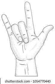 Hand Sign Rock N Roll Crosshatched Drawing