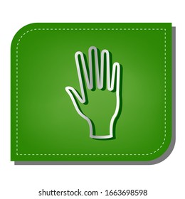 Hand sign. Silver gradient line icon with dark green shadow at ecological patched green leaf. Illustration.