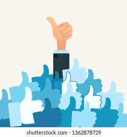 Hand with sign thumb up rise from the heap of likes. Success concept. Wave of likes. Business vector illustration. Cartoon, flat style. Isolated background.