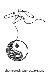 Hand with sign of yin and yang as line drawing on the white background. Vector