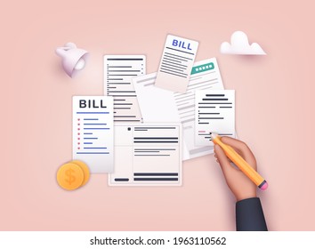 Hand signature bills with pencil. Payment of utility, bank, restaurant and other. 3D Web Vector Illustrations.