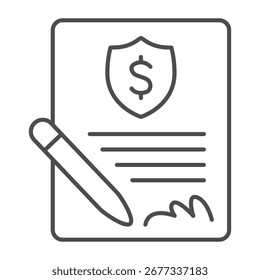 Handsigniertes Dokument mit Bankemblem dünnen Linie Symbol, Financial Tech-Konzept. Vektorgrafiken. Vertragspapier, Unterschriftenzeichen auf weißem Hintergrund, Umrissstil-Symbol für Mobil- oder Webdesign