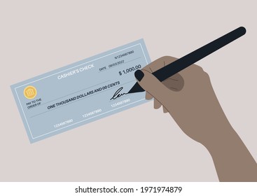 A hand signing a bank paper check, financial operations