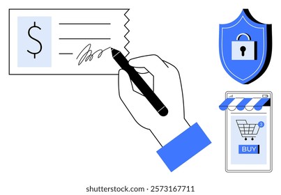 Hand signing a check, security shield lock, and online shopping cart on a smartphone. Ideal for finance, banking, e-commerce, security, and digital transactions. Simple vector style with blue