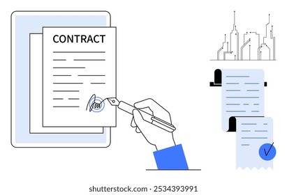 A hand signing a contract, accompanied by a cityscape and scrolls. Ideal for business agreements, legal documentation, real estate transactions, official endorsements, and urban planning. Clean