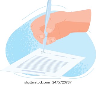 Hand signing contract, concept agreement deal. Pen writing signature document, business transaction. Blue ink sign legal form, partnership commitment