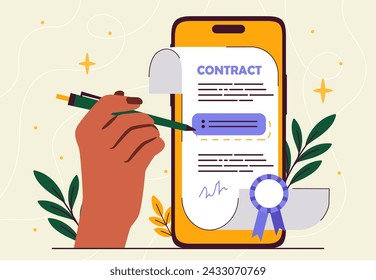 Hand signing contract concept. Character with pen near smartphone. Electronic display and digital agreement or document. Cartoon flat vector illustration isolated on white background