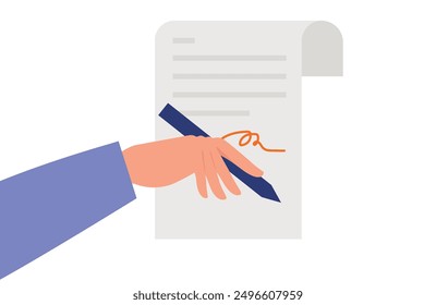 Firma manual de un documento de contrato. Diseño de Vector de personajes. Estilo de ilustración plana.