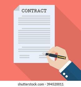 Hand signing contract. Flat style with long shadow