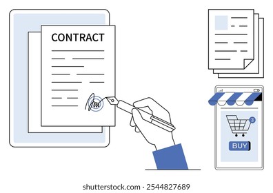 Uma mão assinando um contrato em um tablet, documentos empilhados ao lado e um carrinho de compras on-line em um dispositivo móvel com uma notificação de três itens. Ideal para negócios, comércio eletrônico e transações digitais