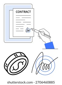 Firma de contrato a mano en una tableta, símbolo de moneda y firma. Ideal para firmas electrónicas de negocios, finanzas, contratos, Acuerdos, transacciones digitales. Metáfora de línea