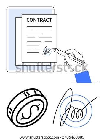 Hand signing contract on a tablet, coin symbol, and signature. Ideal for business, finance, contracts, agreements, digital transactions legal documentation electronic signatures. Line metaphor