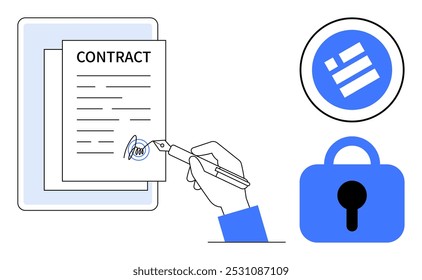 Firma de mano de un contrato con un bolígrafo, acompañado de cerradura de seguridad e icono digital. Ideal para negocios, seguridad, contratos digitales, firmas electrónicas y Acuerdos en línea. Vector minimalista