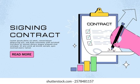 Hand signing a contract with a pen beside growth charts on a clipboard, minimalist style on blue background. Business agreement concept. Vector illustration