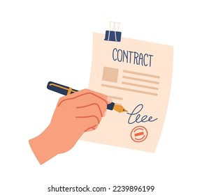 Hand Signing Contract with Pen, Human Character Palm Put Signature on Paper Document with Seal Stamp Isolated on White Background. Agreement, Business Deal Concept. Cartoon People Vector Illustration