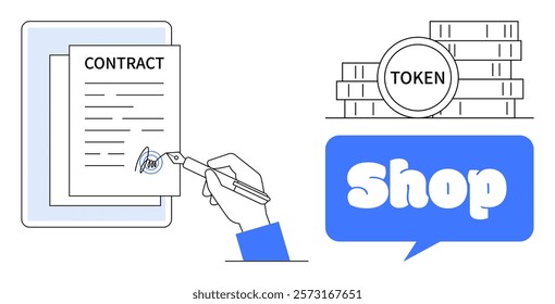 Hand signing a contract with a pen and piles of tokens symbolize financial agreements. A blue speech bubble with the word shop next to tokens hints at transactions. Ideal for contracts, finance