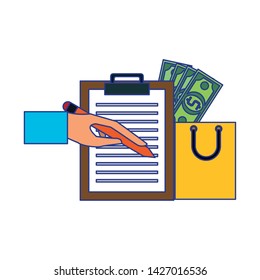 hand signing delivery clipboard and shopping bag with money symbols vector illustration graphic design