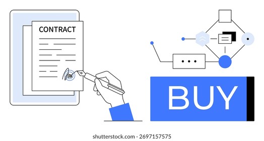 Hand signing digital contract, blockchain network diagram, and large Buy button. Ideal for e-commerce, digital contracts, blockchain technology, online transactions, mobile applications, business