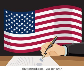 Hand signing document with American flag background