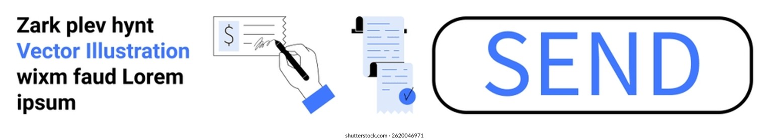 Hand signing a document with a black pen, accompanied by text and document icons, alongside a large SEND button in blue. Ideal for websites, user interfaces, email marketing, financial transactions