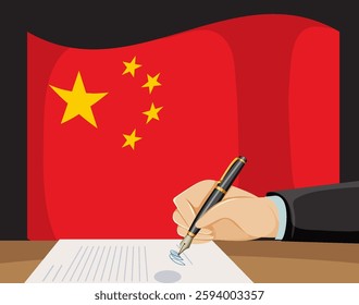 Hand signing document with Chinese flag background