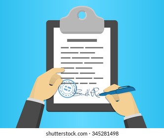 Hand signing document on a clipboard, flat design style